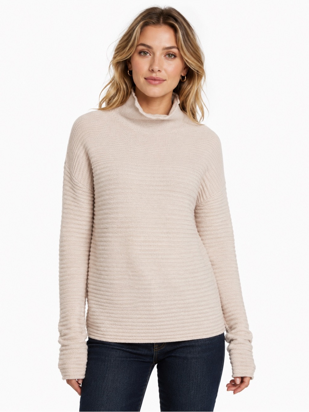 360 Cashmere 100% Cashmere Funnel Neck Sweater Cream Audra Textured Knit M